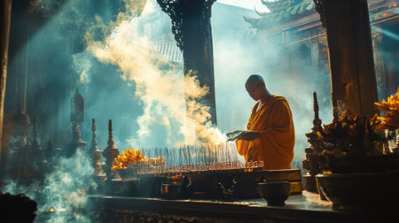 A tranquil scene of a monk performing rituals in a temple, surrounded by soft incense smoke and bathed in gentle light, reflecting peace and spiritual depth.の素材