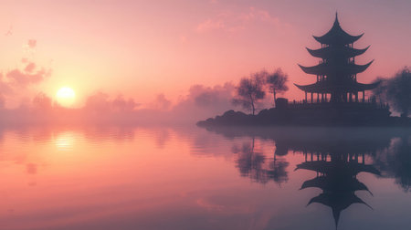 A breathtaking view of a serene sunrise over a lake showcasing a traditional pagoda silhouette. The soft mist envelops the scene, creating a tranquil atmosphere rich in natural beauty.の素材