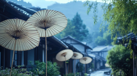 A serene pathway in a traditional Japanese village featuring elegant umbrellas and lush greenery, set against captivating mountain views in soft morning light.の素材