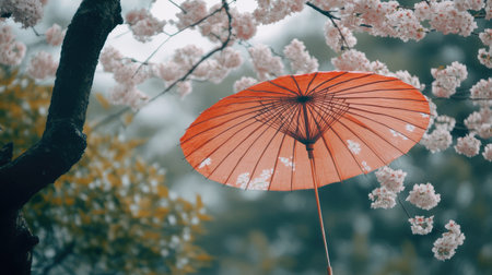 A vibrant orange umbrella stands out against the soft focus of sakura blossoms, creating a serene and enchanting spring atmosphere in nature.の素材