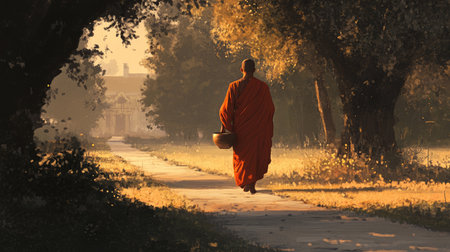 A Buddhist monk in vibrant robes walks along a serene path, surrounded by lush trees and soft morning light, embodying peace and tranquility in a natural setting.の素材