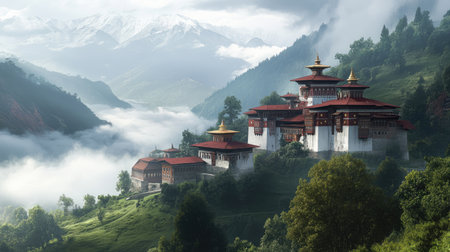 Discover a breathtaking mountain monastery enveloped in mist and surrounded by lush greenery, showcasing the serene beauty of Bhutan's stunning landscape.の素材