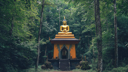 A stunning golden Buddha statue seated in a peaceful forest provides a perfect setting for meditation and reflection, inviting visitors to explore nature's tranquility.の素材