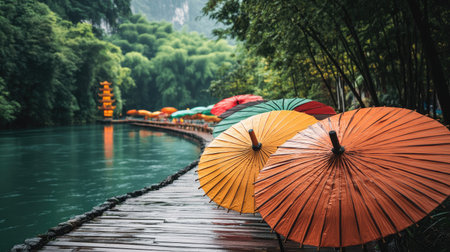 Discover a tranquil outdoor scene featuring vibrant umbrellas along a wooden pathway by calm waters, surrounded by lush greenery and majestic mountains.の素材