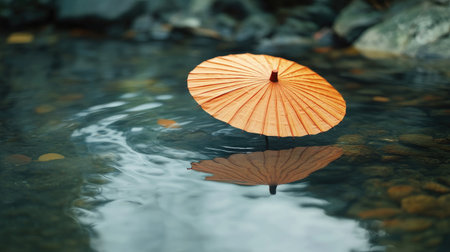 A serene view of an orange umbrella floating gently on a calm water surface, creating a beautiful reflection amidst natural pebbles and peaceful surroundings.の素材
