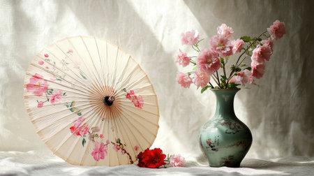 A stunning still life arrangement highlighting a decorative parasol and a bouquet of flowers in a vase, showcasing harmonious colors and serene natural light.の素材