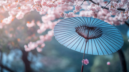 A tranquil scene of a blue umbrella surrounded by pink cherry blossoms, capturing the beauty of nature in spring, perfect for serene and artistic themes.の素材