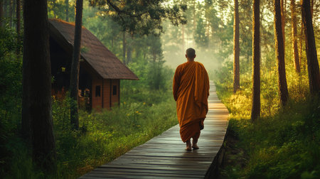 A tranquil scene showing a Buddhist monk strolling along a wooden path in a lush, green forest, capturing the essence of peace and mindfulness in nature.の素材