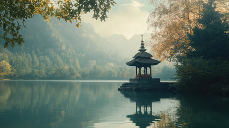 This breathtaking image features a traditional pagoda peacefully located by a serene lake, surrounded by majestic mountains and vibrant autumn trees, creating a tranquil atmosphere.の素材