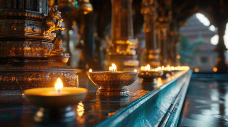 A serene view featuring glowing oil lamps set in an ancient temple, creating a peaceful ambiance, showcasing the rich heritage and spiritual depth of this sacred site.の素材