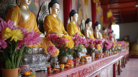 Discover a tranquil Buddhist temple interior featuring golden Buddha statues adorned with colorful flowers and vibrant offerings, creating a serene atmosphere for meditation and reflection.の素材