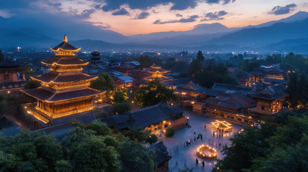 A stunning aerial view of an ancient town at dusk, featuring traditional architecture illuminated by warm lights against a backdrop of majestic mountains.の素材