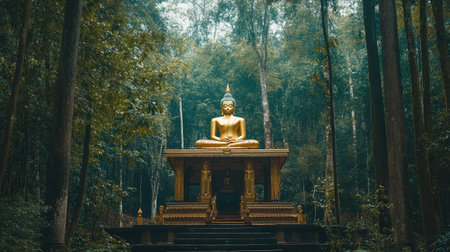 A stunning golden Buddha statue sits gracefully in a tranquil forest, offering a serene atmosphere perfect for meditation and spiritual reflection in nature.の素材