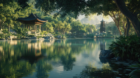 Discover a peaceful lakeside scene featuring traditional pavilions amid lush greenery, creating a serene atmosphere perfect for relaxation and meditation in nature's beauty.の素材