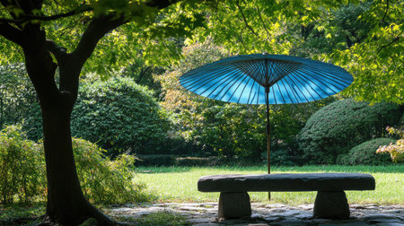 A serene garden scene featuring a vibrant blue parasol and a stone bench, set amidst lush greenery. This tranquil space invites relaxation and peaceful reflection in nature.の素材