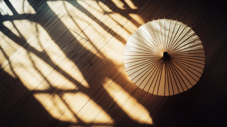 An elegant Japanese umbrella rests gracefully on a wooden surface, creating soft shadows and a serene atmosphere, beautifully illuminated by natural light for a tranquil effect.の素材