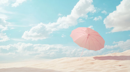 Experience a tranquil beach setting featuring a soft pink umbrella on golden sand under a brilliant blue sky adorned with fluffy clouds, perfect for summer getaways.の素材