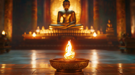 A stunning image of a Buddha statue illuminated by soft candlelight, creating a tranquil atmosphere perfect for meditation and spiritual reflection within a sacred temple setting.の素材