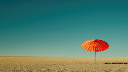 A solitary red umbrella stands in a golden wheat field beneath a clear blue sky, offering a striking visual contrast that symbolizes tranquility and the beauty of nature.の素材
