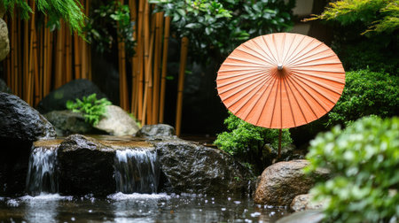 A serene Japanese garden scene featuring an orange umbrella beside a gentle stream, surrounded by lush greenery and smooth rocks, ideal for evoking peace and tranquility.の素材