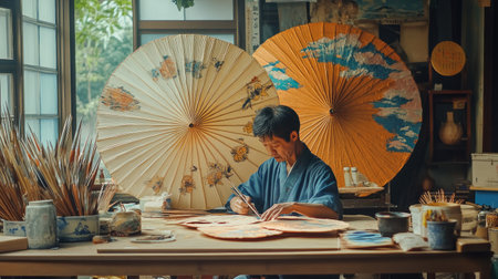 A talented artisan focuses on painting intricate designs on traditional paper umbrellas in a warm and inviting workshop filled with artistic tools and decor elements.の素材