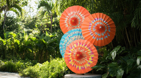 Beautiful vibrant umbrellas stand out in a tropical garden, showcasing intricate patterns. A perfect blend of color and nature for a serene outdoor setting.の素材