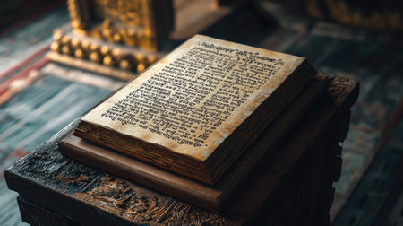 Close-up of an ancient manuscript resting on a beautifully carved wooden stand, revealing intricate text and artistry in a softly lit historical environment.の素材