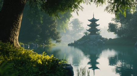 Experience the tranquility of a traditional pagoda reflecting in calm waters, surrounded by lush greenery and mist. A serene landscape inviting relaxation and contemplation.の素材