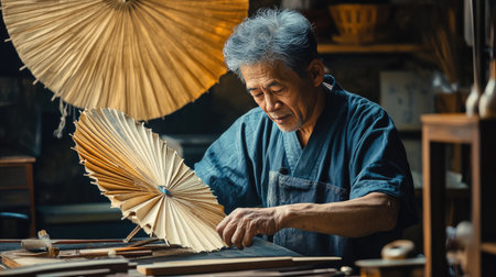 A skilled craftsman focuses intently on creating a handmade paper umbrella in a traditional workshop, emphasizing the artistry and dedication involved in this unique cultural craft.の素材