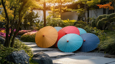 A picturesque scene features colorful traditional umbrellas nestled in a tranquil Japanese garden, showcasing nature's beauty and artistic design under the warm glow of sunset.の素材