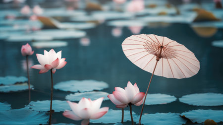 A tranquil scene showcasing beautiful lotus blossoms with soft pink petals, accompanied by a delicate umbrella, embodying the essence of peace and natural beauty in a serene pond.の素材