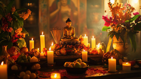 A serene Buddha statue illuminated by soft candlelight, surrounded by vibrant flowers and fruits, creating a peaceful atmosphere for meditation and reflection.の素材