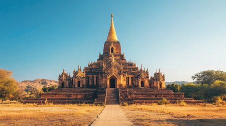 Experience the beauty of an ancient golden stupa in Bagan, Myanmar, basking in morning light, surrounded by lush greenery and timeless architecture.の素材