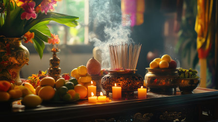 A beautifully arranged altar featuring burning incense, glowing candles, and a variety of fresh fruits, creating a peaceful atmosphere ideal for meditation and spiritual reflection.の素材