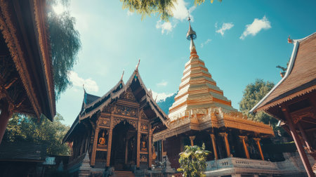 Discover the serene beauty of a traditional Buddhist temple featuring a stunning golden stupa, set against a backdrop of lush greenery and a clear blue sky in Chiang Mai, Thailand.の素材