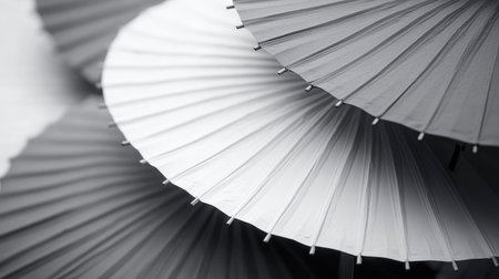 An artistic close-up of traditional paper umbrellas in gray and white, showcasing their delicate patterns and textures, perfect for elegant and minimalist designs.の素材