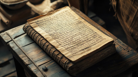 An antique manuscript lies on a wooden table, showcasing well-preserved pages filled with ancient texts. This image captures the beauty of historical literature and craftsmanship.の素材