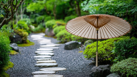 A serene Japanese garden pathway featuring smooth stone steps and a bamboo umbrella, surrounded by vibrant greenery, perfect for tranquil outdoor moments and relaxation.の素材