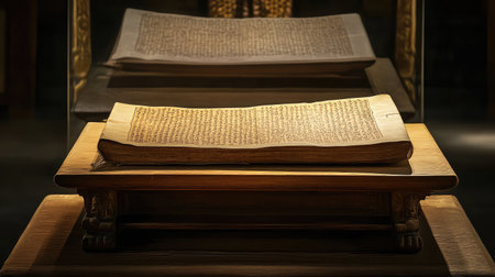 This image features an antique manuscript elegantly displayed on a wooden stand, illuminated softly in a library, highlighting the beauty of historical literature and craftsmanship.の素材