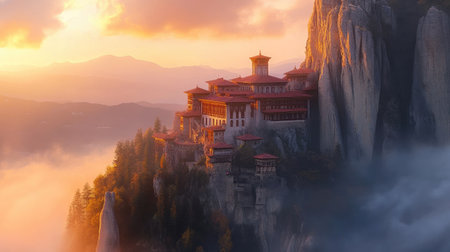 Experience the tranquility of a stunning monastery at sunset, perched high on a cliff, surrounded by soft mist and majestic mountains, inviting a sense of peace and reflection.の素材