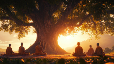 A serene scene of monks meditating under a grand tree at sunrise, capturing a moment of peaceful reflection and spiritual connection with nature's beauty.の素材