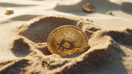 A stunning visual of a golden Bitcoin coin half-buried in soft sand, symbolizing the blend of digital finance with natural beauty and relaxation, capturing the essence of wealth and innovation.の素材