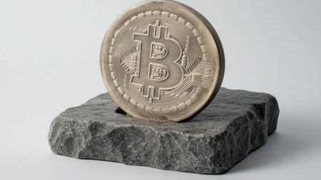 This image features a Bitcoin coin elegantly placed on a dark stone, highlighting the concept of digital currency and its role in the contemporary financial landscape.の素材