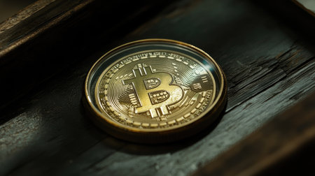 This image features a golden Bitcoin coin elegantly placed on a wooden surface, representing modern digital currency as an innovative investment opportunity in today's financial landscape.の素材