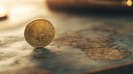 A golden cryptocurrency coin positioned on a vintage map symbolizes the intersection of finance and digital currency, highlighting global economic prospects and investment opportunities.の素材
