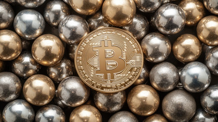 A striking image of a golden Bitcoin placed prominently among shiny metallic spheres in silver and gold, symbolizing the evolving landscape of digital finance and investment.の素材