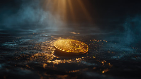 A stunning golden bitcoin coin rests on a reflective surface, illuminated by dramatic lighting, capturing the essence of cryptocurrency and digital finance innovation.の素材