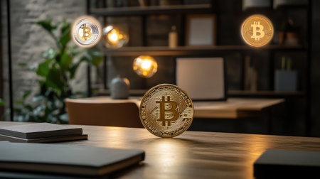 A stunning visual of golden Bitcoin coins floating above a wooden desk, blending modern office aesthetics with concepts of cryptocurrency and digital finance innovation.の素材