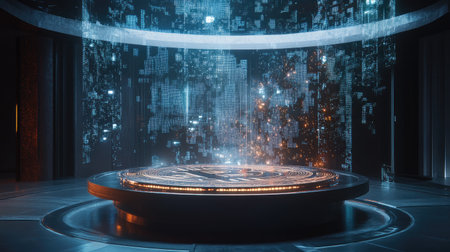 This captivating image showcases a futuristic digital display, featuring a glowing circular platform amidst abstract data projections in a high-tech environment, evoking a sci-fi atmosphere.の素材