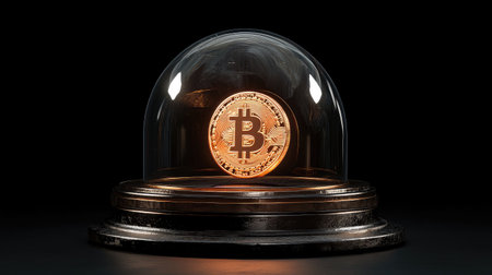 A striking visual featuring a glowing Bitcoin coin encased in a glass dome, representing the protection and significance of digital currency in today's financial landscape.の素材